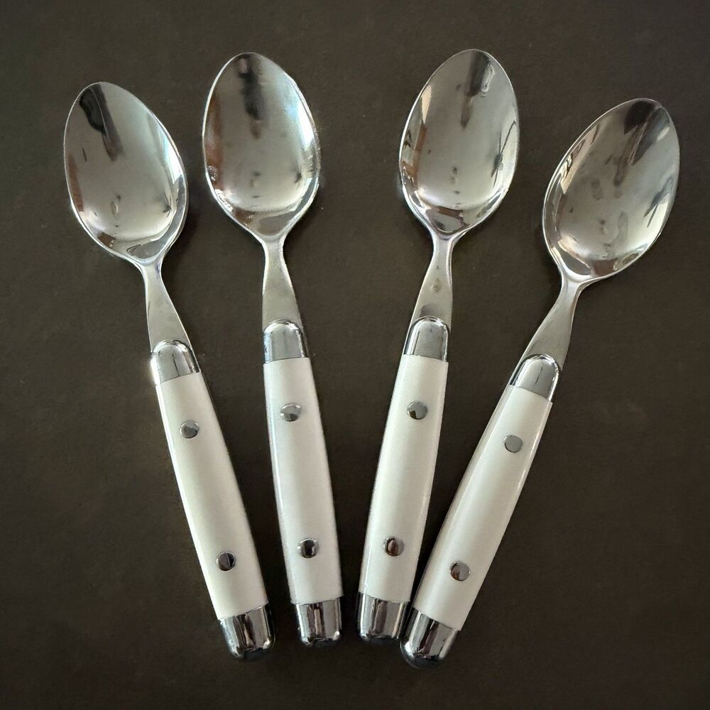 Four (4) teaspoons - Stainless Steel Plastic Ivory/White Similar to JUBILEE